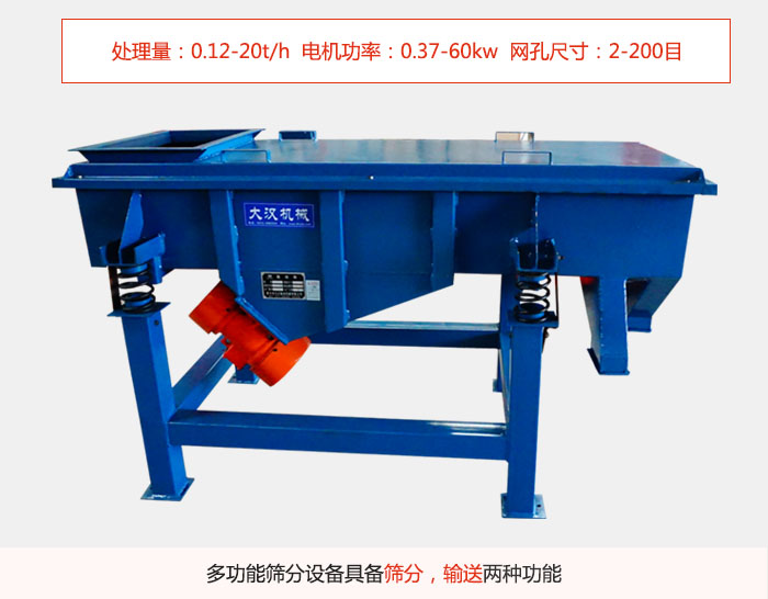 單層直線振動篩特點處理量：0.12-20t/h  電機功率：0.37-60kw  網孔尺寸：2-200目，多功能篩分設備具備篩分，輸送兩種功能。